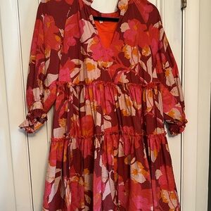 En Creme Red and Pink Floral Long Sleeve Dress